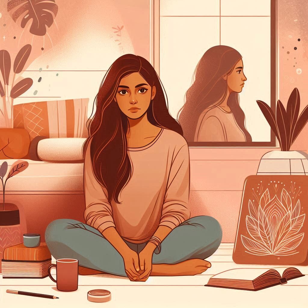 Indian woman reflecting on mental health in a serene setting