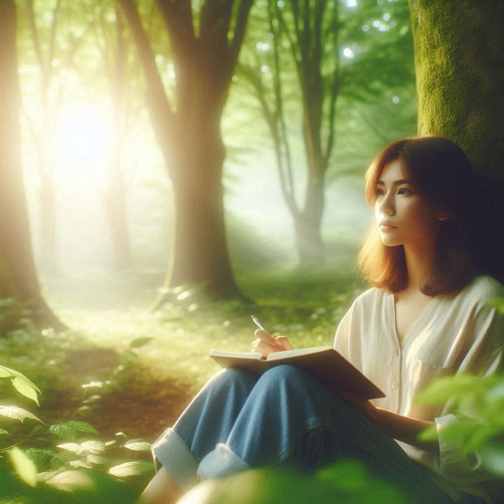 A young person sitting in a park, writing in a notebook, surrounded by greenery and sunlight.