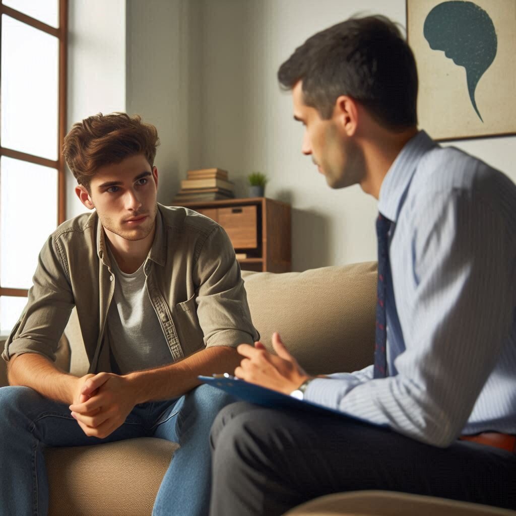 A psychiatrist explaining mental health treatment to a patient in a clinic