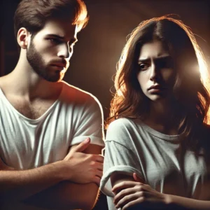 A couple arguing, where one person looks dismissive while the other looks hurt