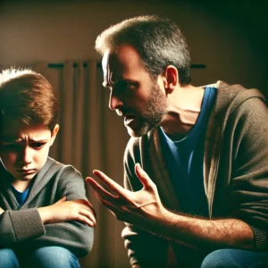 A parent scolding their child while the child looks distressed.