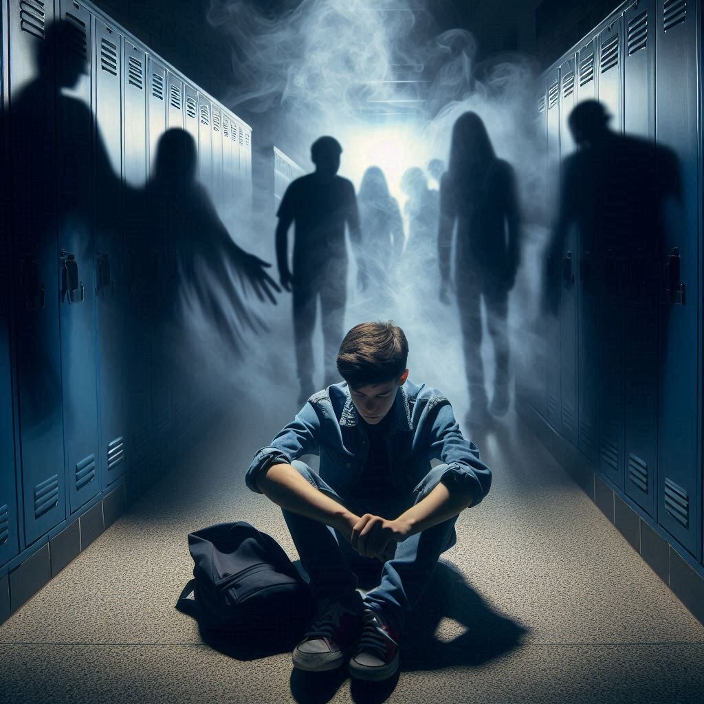 A student struggling with drug addiction sitting alone in school