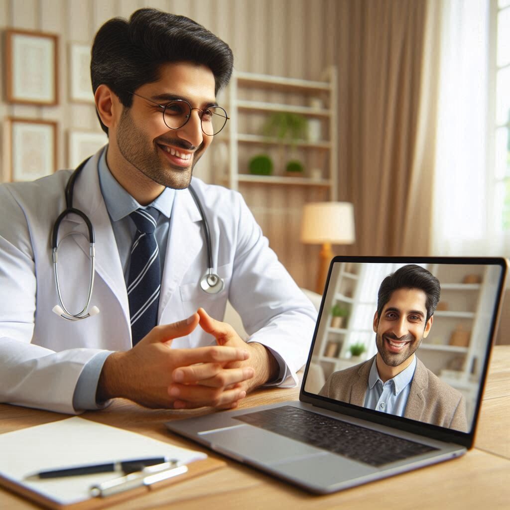 Psychiatrist Dr. Rameez Shaikh consulting online with a patient via video call.