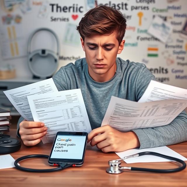 Health anxiety patient worrying over medical reports and internet search results