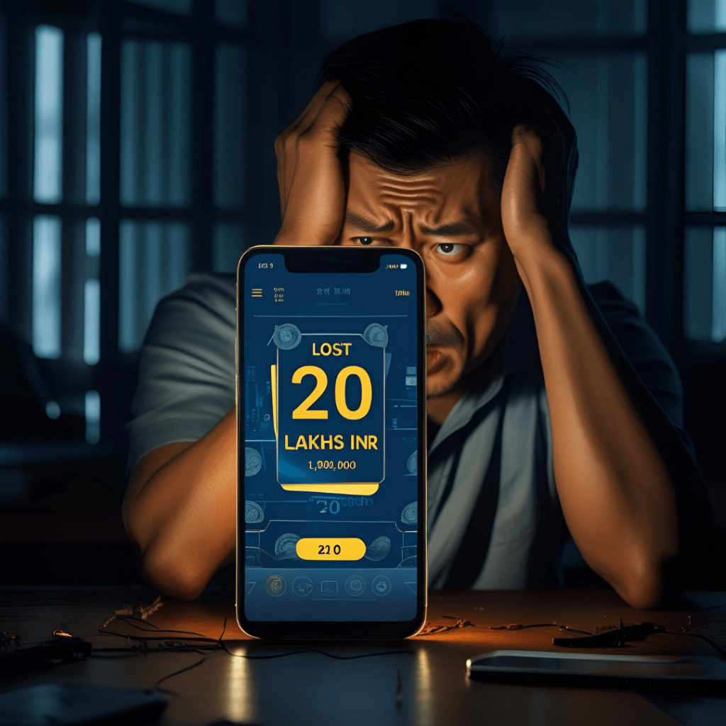 Person staring at a gaming app showing false winnings, distressed