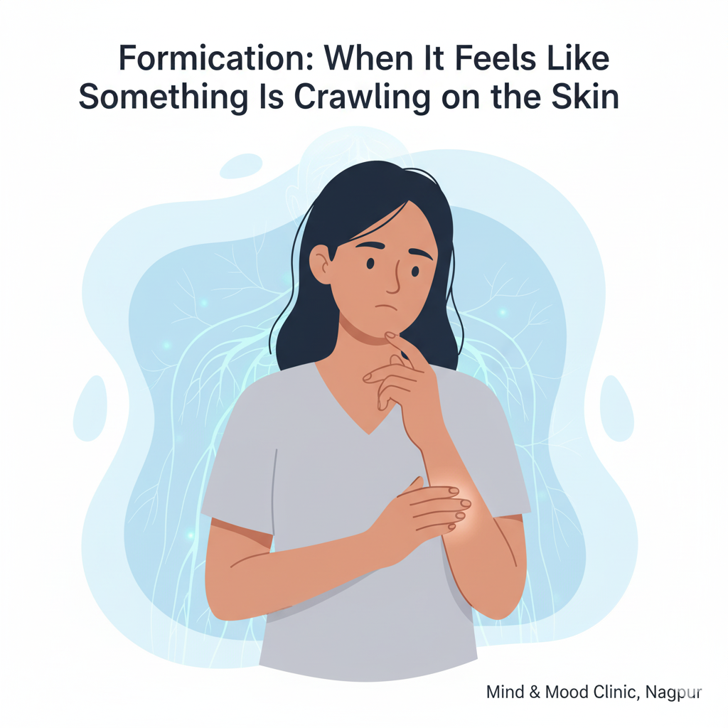 A calm medical illustration showing a person experiencing a crawling skin sensation, symbolizing formication and its neurological causes.