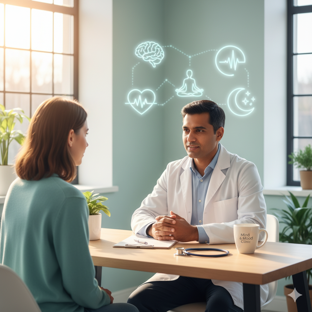 Psychiatrist counseling a patient about mental health recovery with therapy, medication, and lifestyle support.