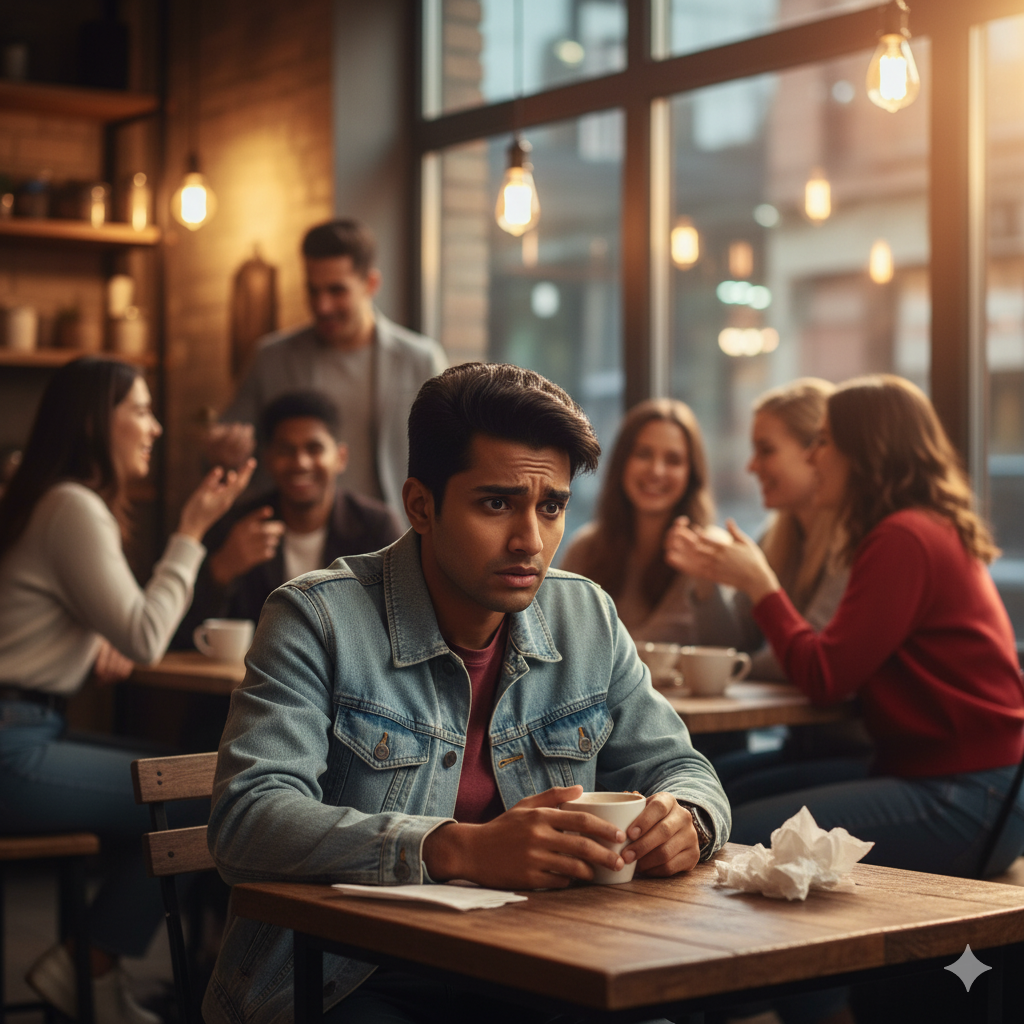 A young person with social anxiety sitting alone and feeling nervous in a group setting, avoiding eye contact.