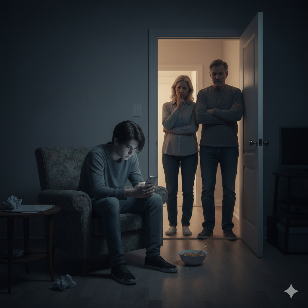 Alt Text: A withdrawn young adult isolated in a dark room while parents observe with concern.