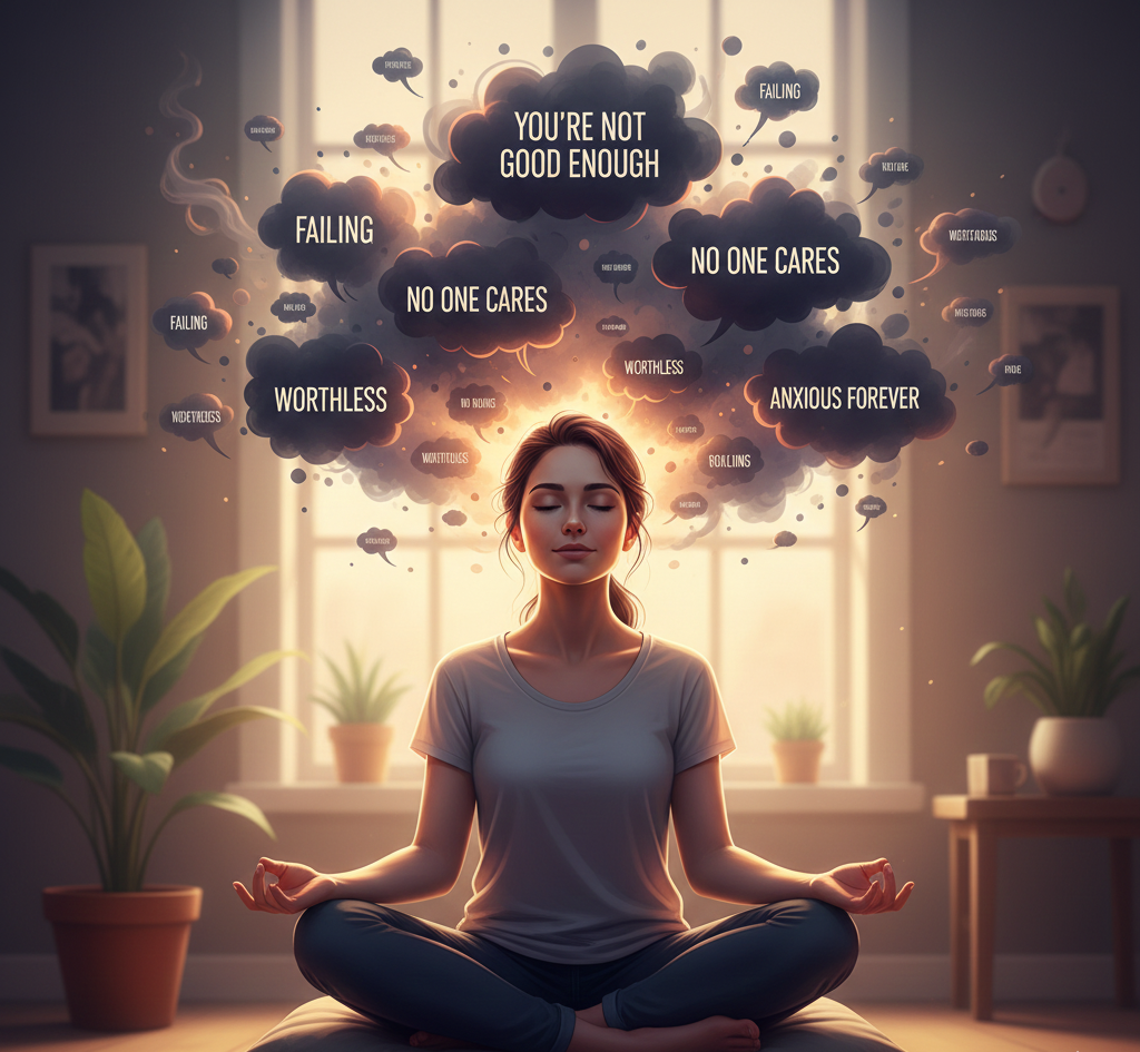 Person experiencing intrusive negative thoughts associated with OCD.