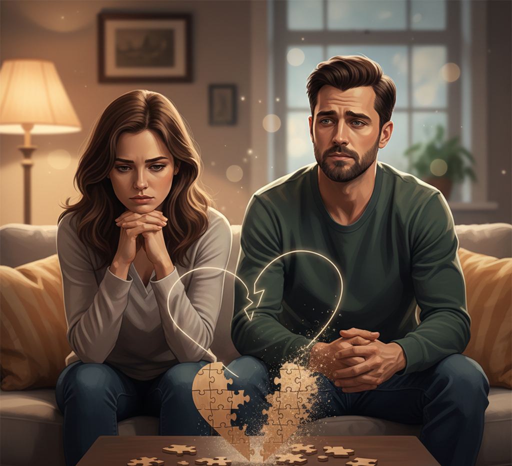 A couple sitting together at a table, looking distant and thoughtful, symbolizing relationship stress.