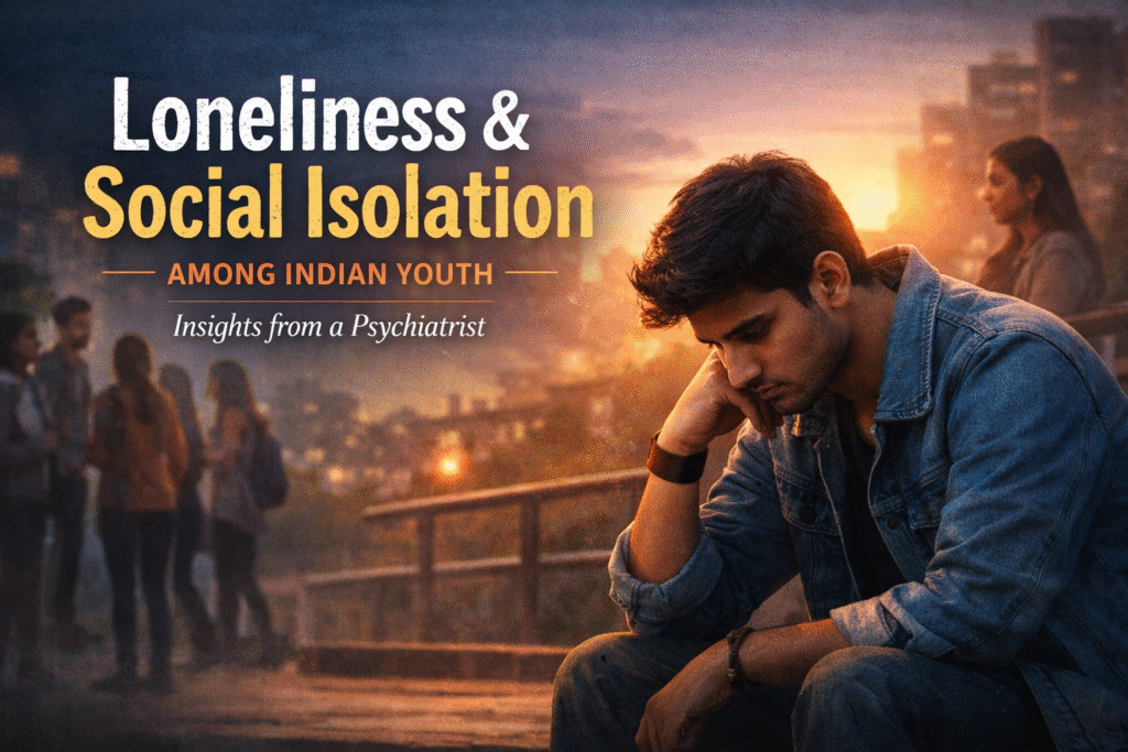 Lonely Indian young man sitting alone while others socialize, symbolizing loneliness and social isolation among Indian youth