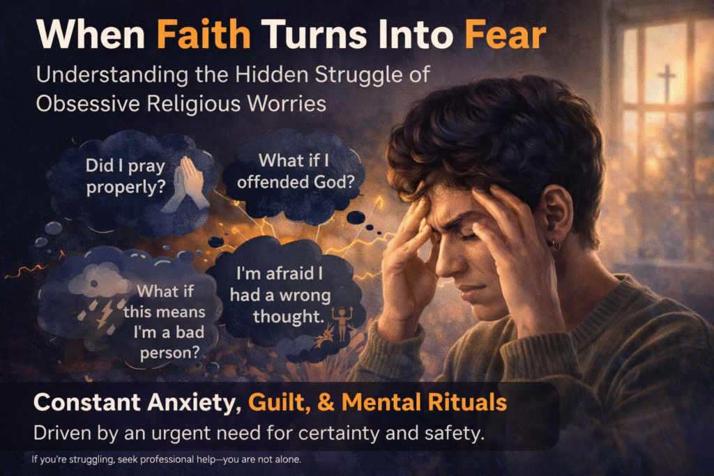 Religious OCD treatment – person struggling with intrusive thoughts and anxiety related to faith, mental health awareness illustration