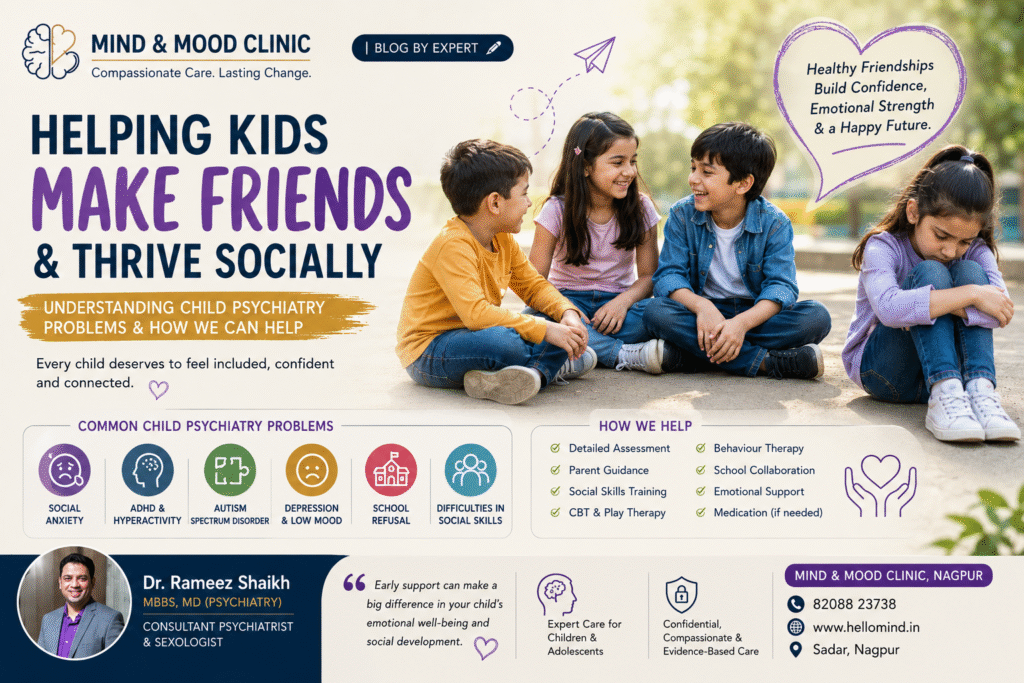 Children happily playing together in a school playground while one child is gently encouraged to join the group, representing social skills development, friendship building, and child mental health support by Dr. Rameez Shaikh at Mind & Mood Clinic, Nagpur.