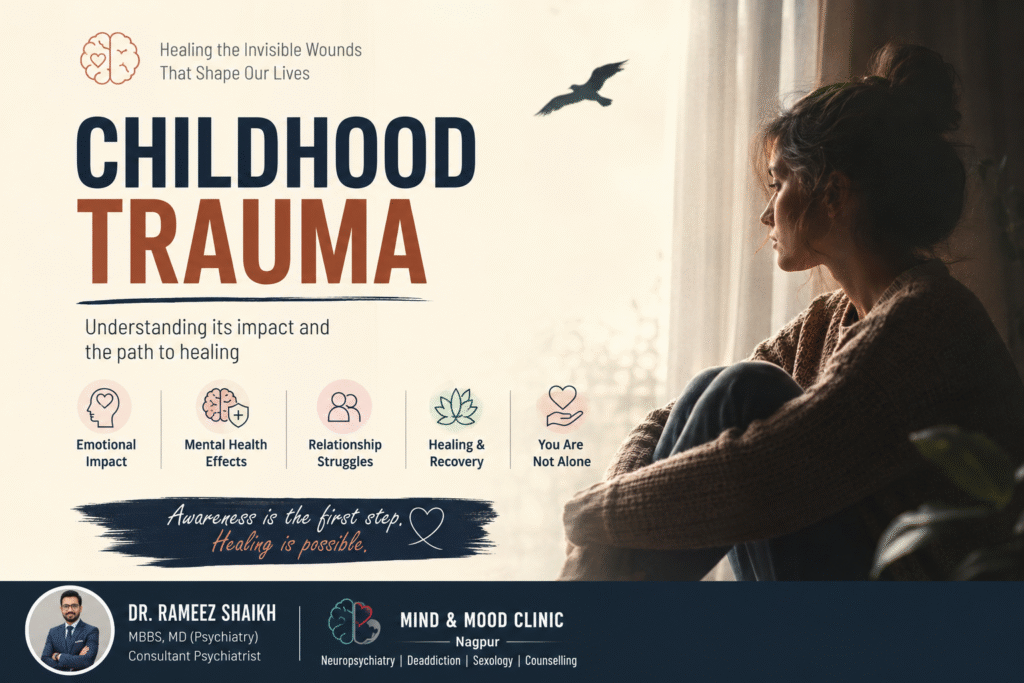Adult sitting alone reflecting on childhood trauma, illustrating the emotional impact of childhood abuse, neglect, anxiety, depression, PTSD, and healing through psychiatric treatment at Mind & Mood Clinic, Nagpur.