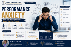Professional experiencing performance anxiety before a presentation, illustrating symptoms such as fear of failure, racing thoughts, and stress, with expert psychiatric guidance from Dr. Rameez Shaikh at Mind & Mood Clinic, Nagpur.