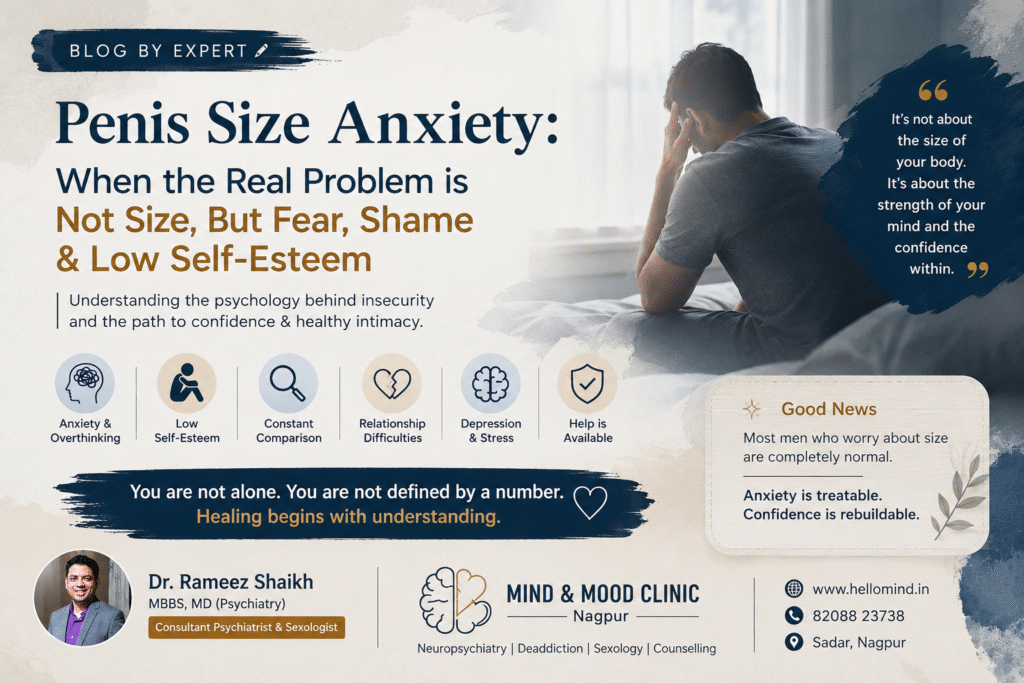 Illustration representing penis size anxiety, low self-esteem, body image concerns, and mental health in men with a focus on psychiatric and sexology treatment at Mind & Mood Clinic, Nagpur.