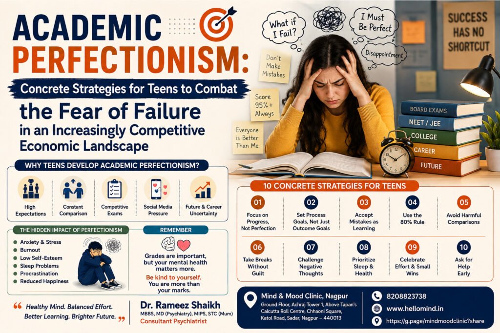 Teen suffering from academic perfectionism due to fear of failure and exam stress.