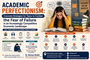 Teen suffering from academic perfectionism due to fear of failure and exam stress.