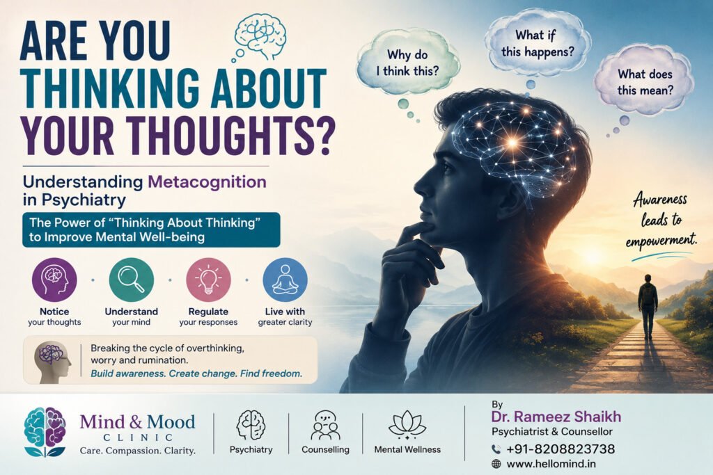 Metacognition in psychiatry showing a person thinking about their own thoughts and mental health
