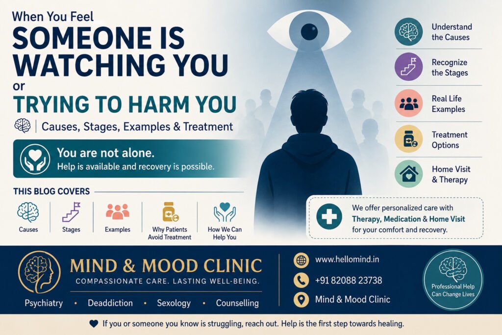 Person experiencing fear of being watched or harmed and seeking psychiatric help