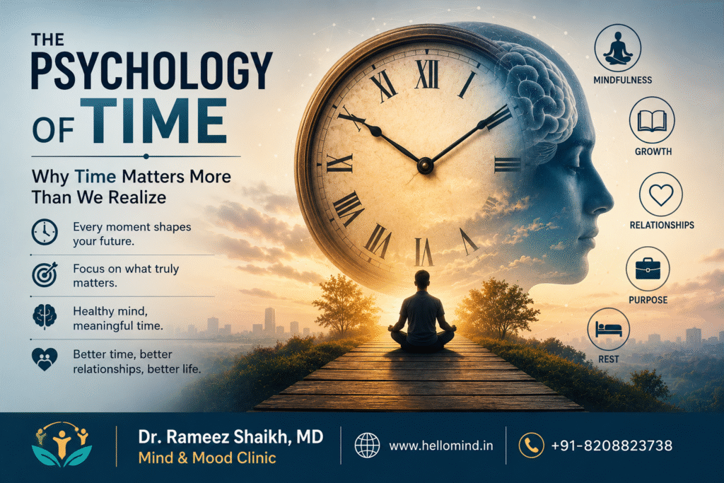 Psychology of time showing a clock representing time management and mental health